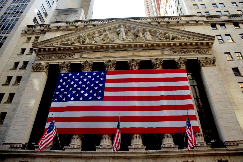 New York Stock Exchange with US flags